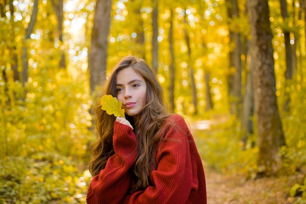 Portrait en plein air superbe fille modèle brune avec la lumière du jour ensoleillé Arbre d'automne jolie fille en bonne moo