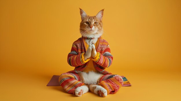 Portrait en pleine longueur d'un chat habillé en humain pratiquant le yoga sur un fond jaune