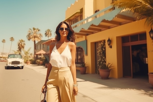 Portrait en pleine longueur d'une femme souriante et élégante marchant dans une rue exotique près de l'hôtel en plein soleil.