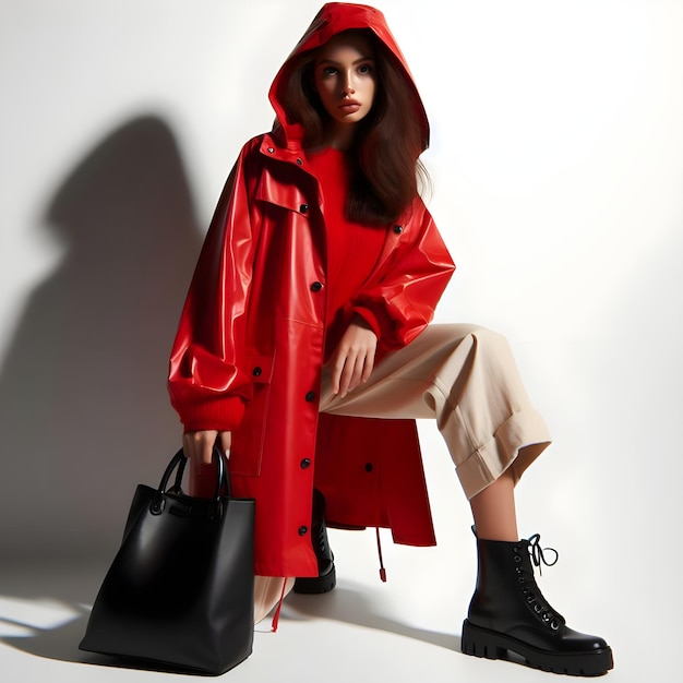 Photo un portrait en pleine longueur d'une fille à la mode brillante dans un imperméable rouge avec un sac noir posant sur blanc