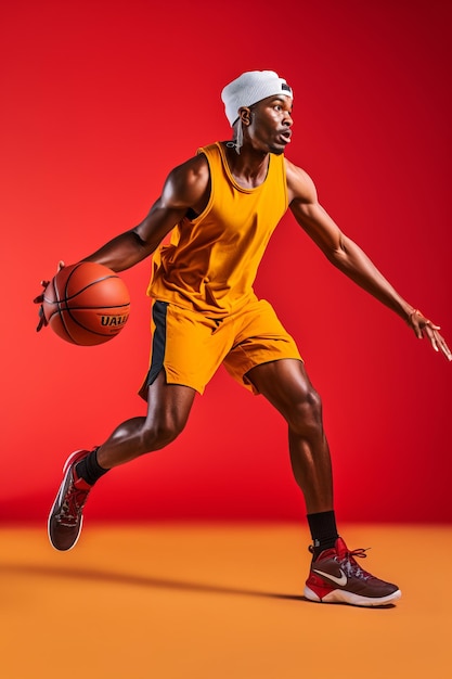 Portrait en pleine longueur d'un homme noir en chemise rouge, chapeau noir et shorts gris jouant au basket-ball.