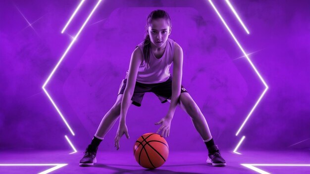 Photo portrait en pleine longueur d'une jeune joueuse de basket-ball sportive s'entraînant à dribbler une balle isolée au-dessus