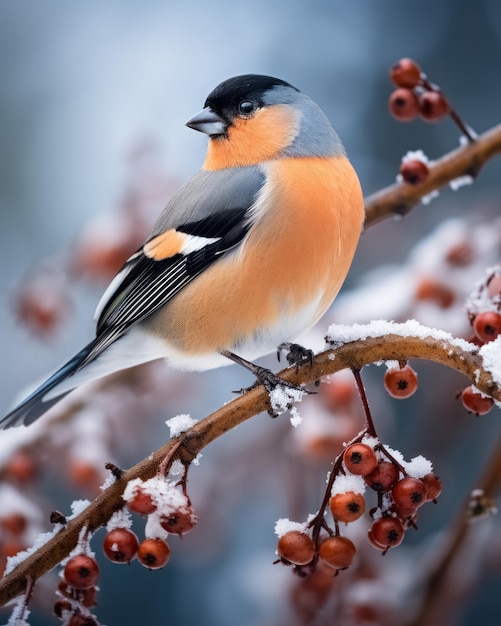 Portrait en pleine longueur d'un oiseau bullfinch mignon avec une poitrine rouge dans une forêt enneigée sur une branche de rowan couverte de neige