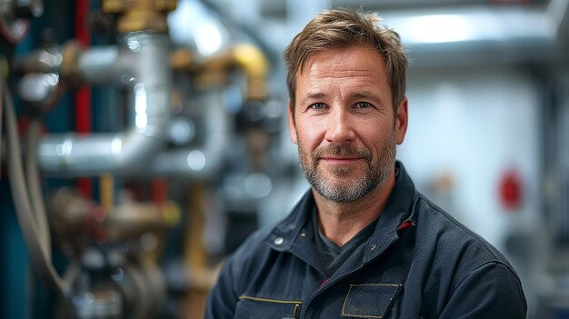 Portrait d'un plombier de 45 ans en uniforme