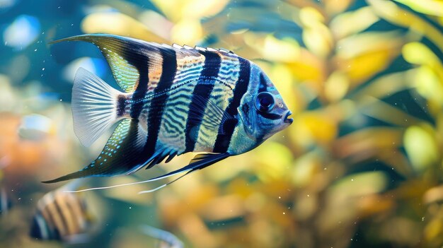 Photo portrait d'un poisson-ange zèbre dans un aquarium avec un fond flou