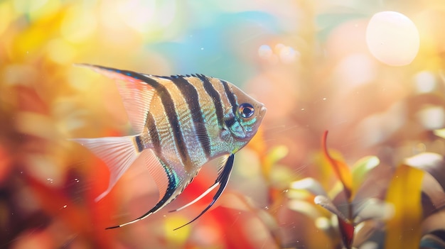 Photo portrait d'un poisson-ange zèbre dans un aquarium avec un fond flou