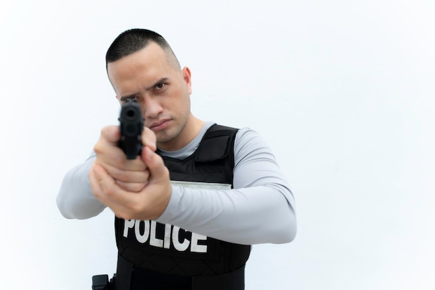 Portrait de la police tenir le pistolet à la main sur fond blancHandsome asian cop