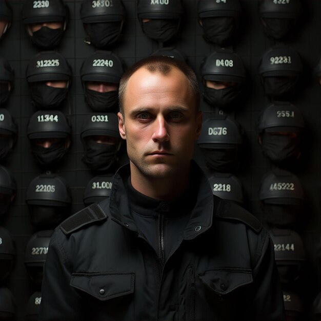 Photo portrait d'un policier en uniforme noir