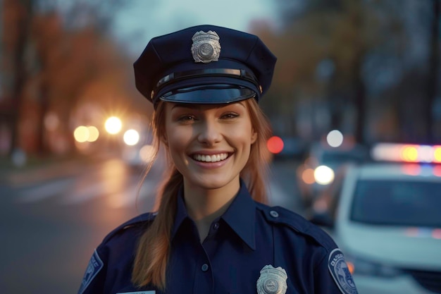 Portrait d'une policière souriante sur un fond de rue généré par l'IA