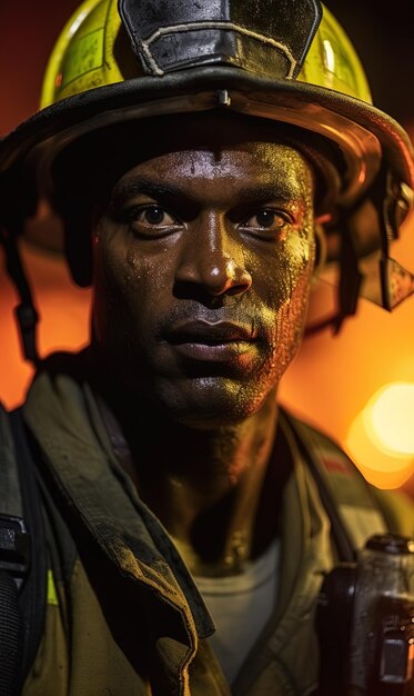 Portrait d'un pompier afro-américain combattant un incendie