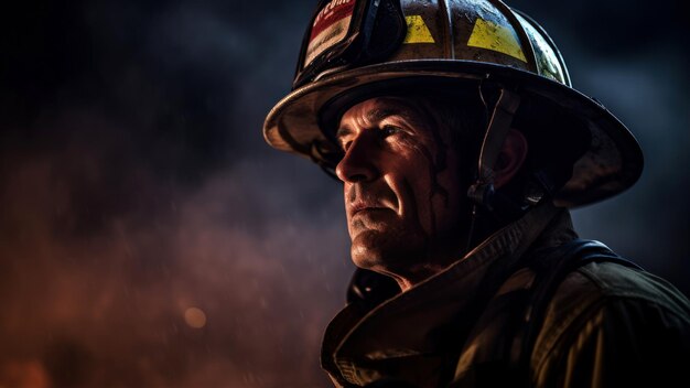 Portrait d'un pompier dans une caserne de pompiers sous la pluie