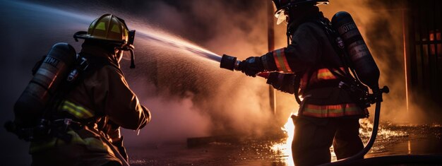 Portrait d'un pompier en équipement Les pompiers éteignent l'incendie