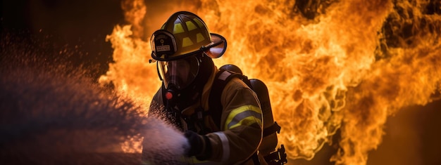 Photo portrait d'un pompier en équipement pompiers utilisant de l'eau du tuyau pour la lutte contre les incendies