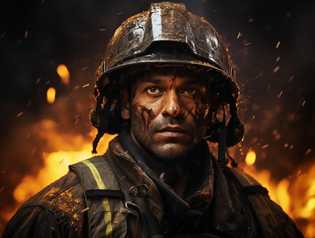 Portrait d'un pompier héroïque courageux et captivant