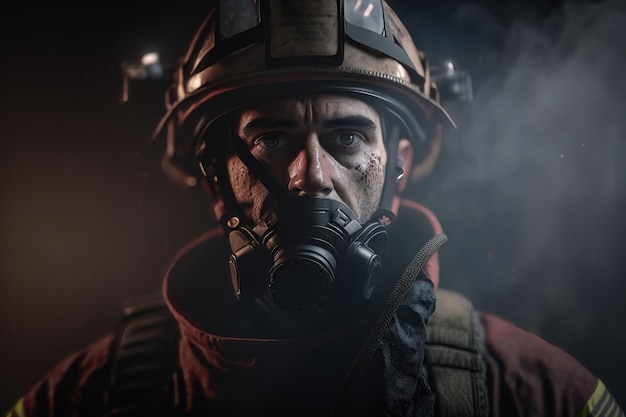 Portrait Pompier homme portant une suite de protection contre les incendies et un casque avec équipement AI Generation