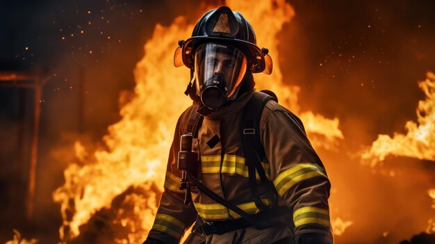 Portrait d'un pompier portant un masque avec un fond de feu