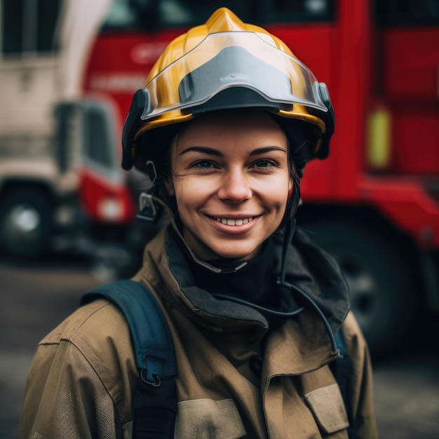 Portrait de pompier en service photo d'une femme de feu heureuse