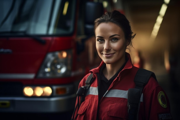 portrait d'une pompière souriante devant un camion de pompiers au fond de style bokeh