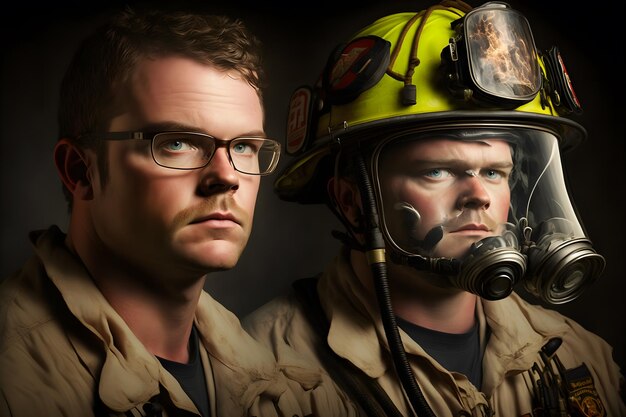 Portrait de pompiers visages sales dans des casques spéciaux et des uniformes de pompiers Art généré par le réseau de neurones