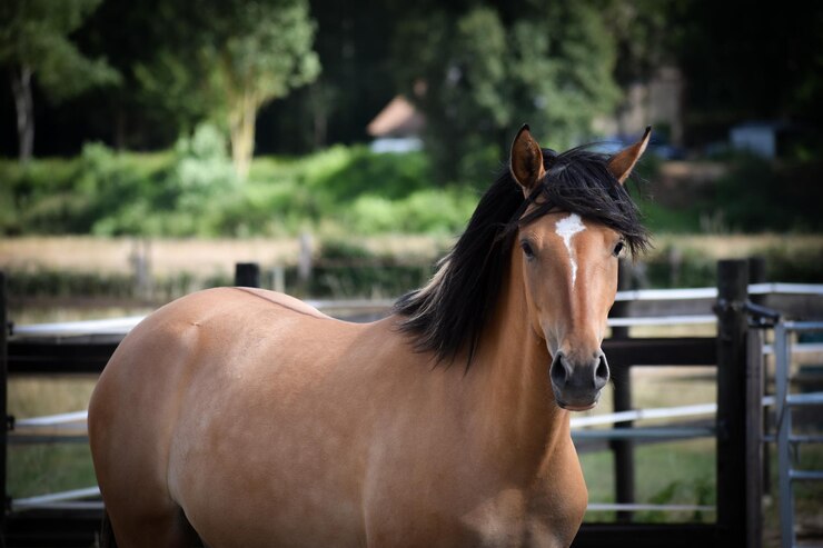 Photo portrait d'un poney de sport cheval brun dans un champ en normandie
