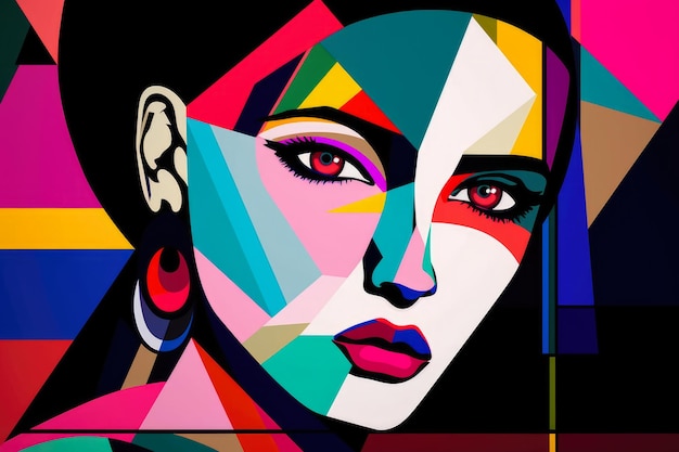 Portrait Pop Art abstrait d'une femme réfléchie avec des formes géométriques et des couleurs vives