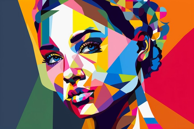 Portrait Pop Art abstrait d'une femme réfléchie avec des formes géométriques et des couleurs vives