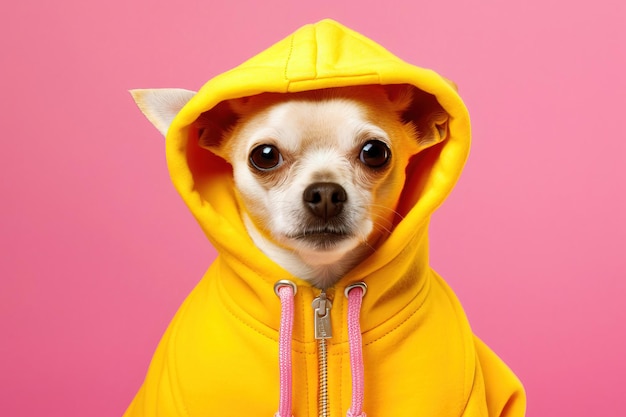Portrait pop d'un chien heureux sur une veste à capuche jaune sur fond rose