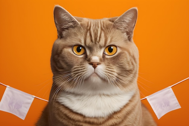 Portrait Portrait d'un chat Scottish Straight avec une bannière dans les pattes sur une photographie de fond orange