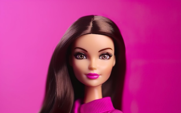 Portrait d'une poupée Barbie brune sur un fond rose foncé