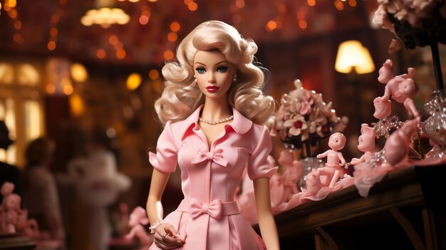 Portrait de poupée Barbie en vêtements roses et accessoires shopping et concept de mode pour carte postale