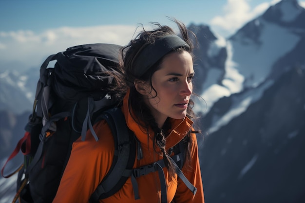 Photo portrait de près d'une belle jeune alpiniste alors qu'elle navigue vers le sommet de la montagne