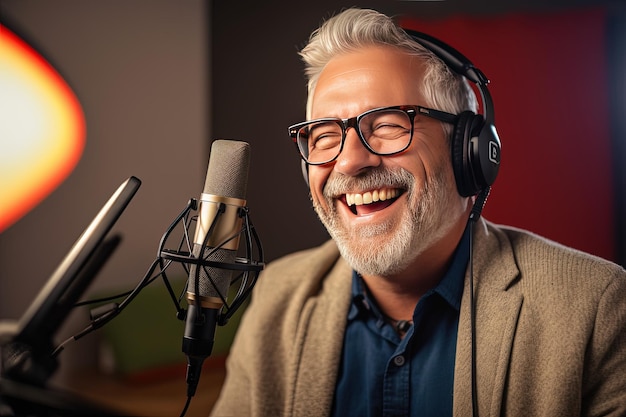 Portrait d'un présentateur de radio heureux et riant Un homme d'âge moyen est assis devant un microphone dans un studio d'enregistrement
