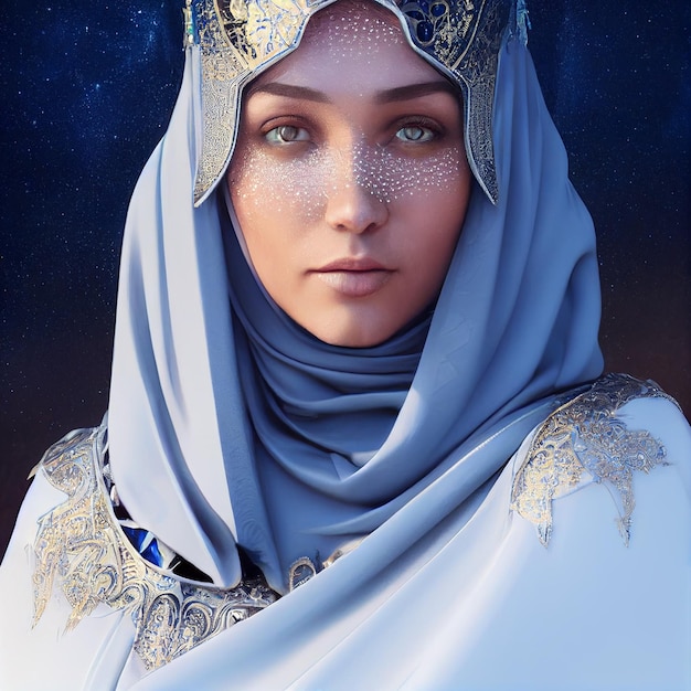 portrait de princesse de glace en cristal d'outremer en hijab et voile en armure détaillée