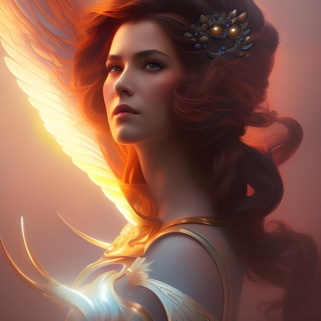 Portrait d'une princesse phoenix avec de longs cheveux de feu et des ailes