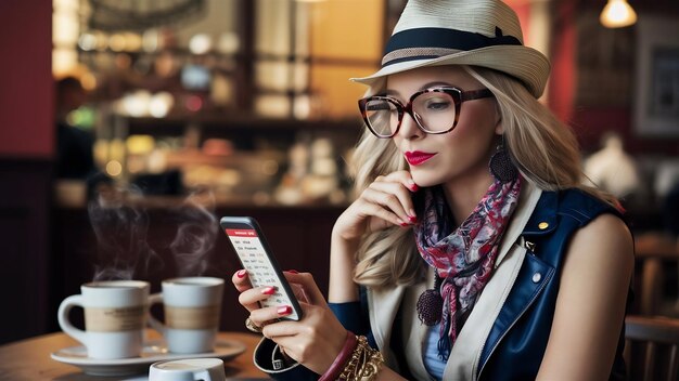 Portrait de profil d'une femme hipster attrayante utilisant une application de rencontres, des messages sur un smartphone ou une application