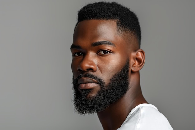 Photo portrait de profil d'un jeune homme afro-américain barbu sur un fond gris avec un espace de copie