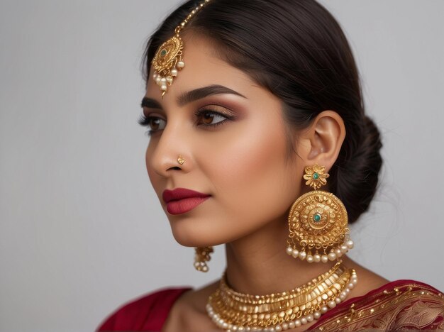 Photo portrait de profil latéral en gros plan d'une belle femme indienne isolée sur fond blanc