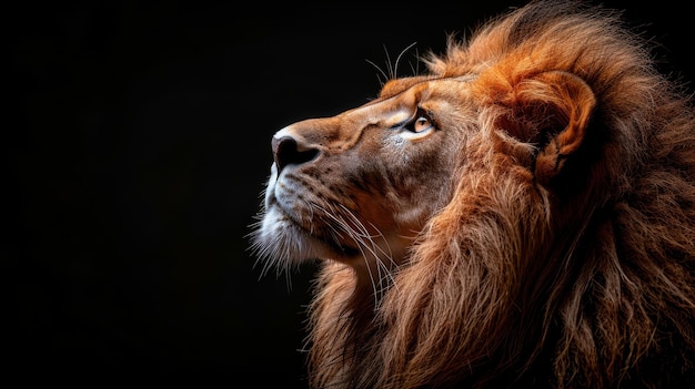 Photo portrait de profil d'une tête de lion en couleur sur un fond noir