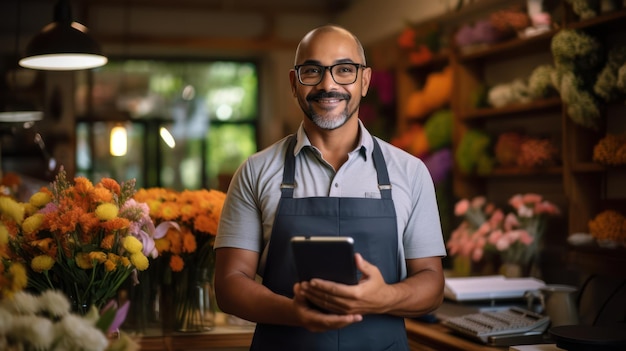 Portrait d'un propriétaire de petite entreprise tenant une tablette numérique