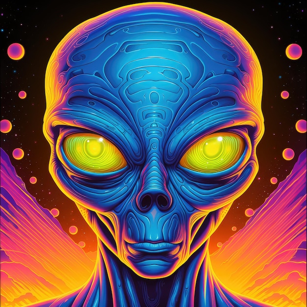 Portrait psychédélique coloré d'un extraterrestre