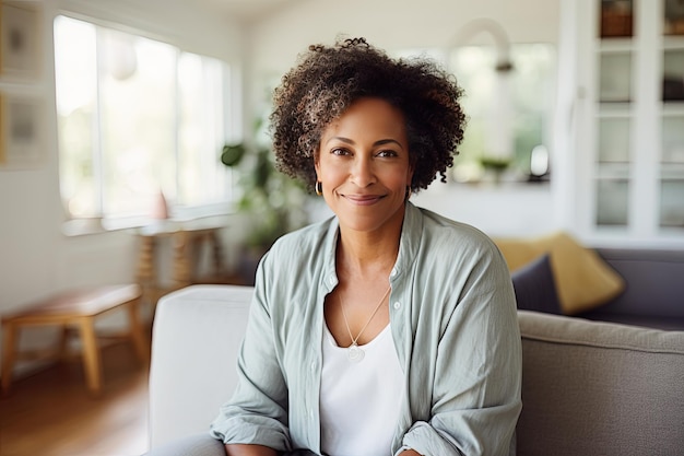 Portrait psychologique d'une femme afro-américaine d'âge moyen paisible Elle est assise à la maison dans une position confortable Elle est confiante et heureuse