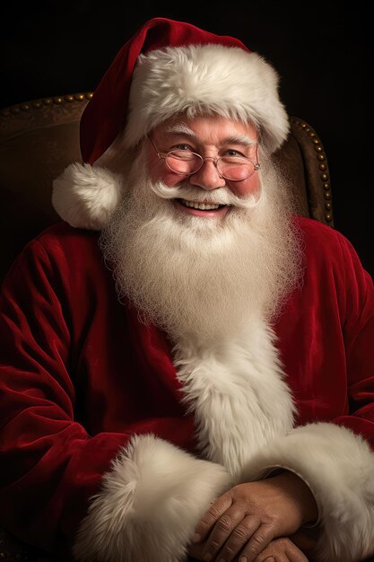 Portrait publicitaire du sympathique Père Noël regardant et souriant à la caméra dans la production en studio