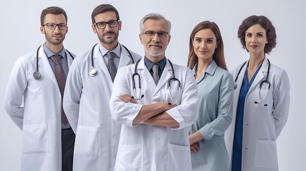 Portrait publicitaire d'une équipe de pharmaciens se tenant ensemble sur fond blanc et ba bleu