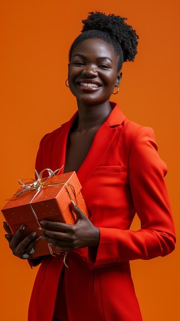 portrait publicitaire en vue avant femme africaine tenant une grande boîte à cadeaux souriante costume de mode
