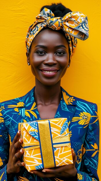 portrait publicitaire en vue avant femme africaine tenant une grande boîte à cadeaux souriante costume de mode