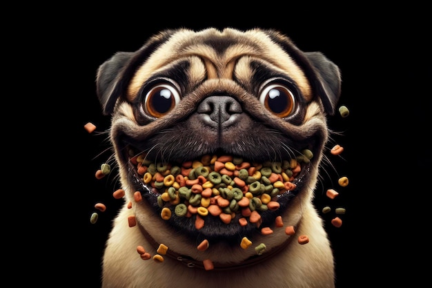 Portrait d'un pug avec de grands yeux renflés et une bouche pleine de nourriture pour chien derrière ses joues ai génératif