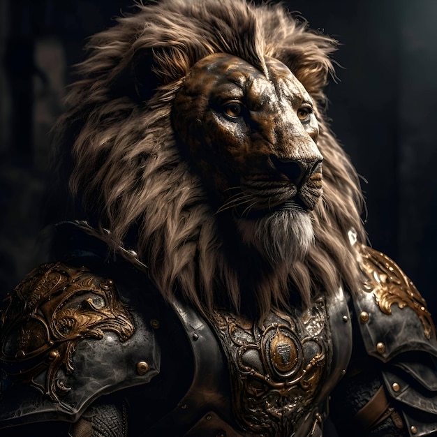 Portrait d'un puissant lion mâle en armure sur fond sombre