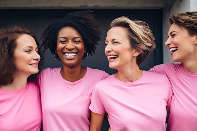 Photo portrait de quatre femmes d'âges différents portant des t-shirts roses pour soutenir le cancer du sein