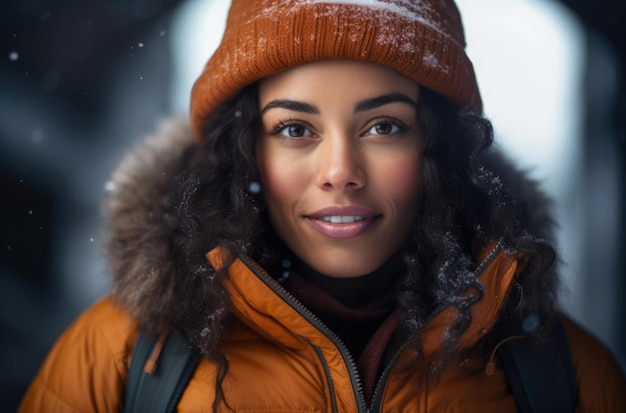 Portrait d'une randonneuse multiethnique en hiver