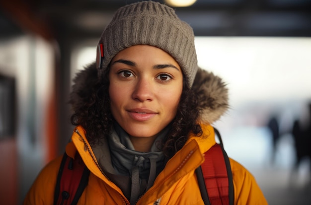 Portrait d'une randonneuse multiethnique en hiver